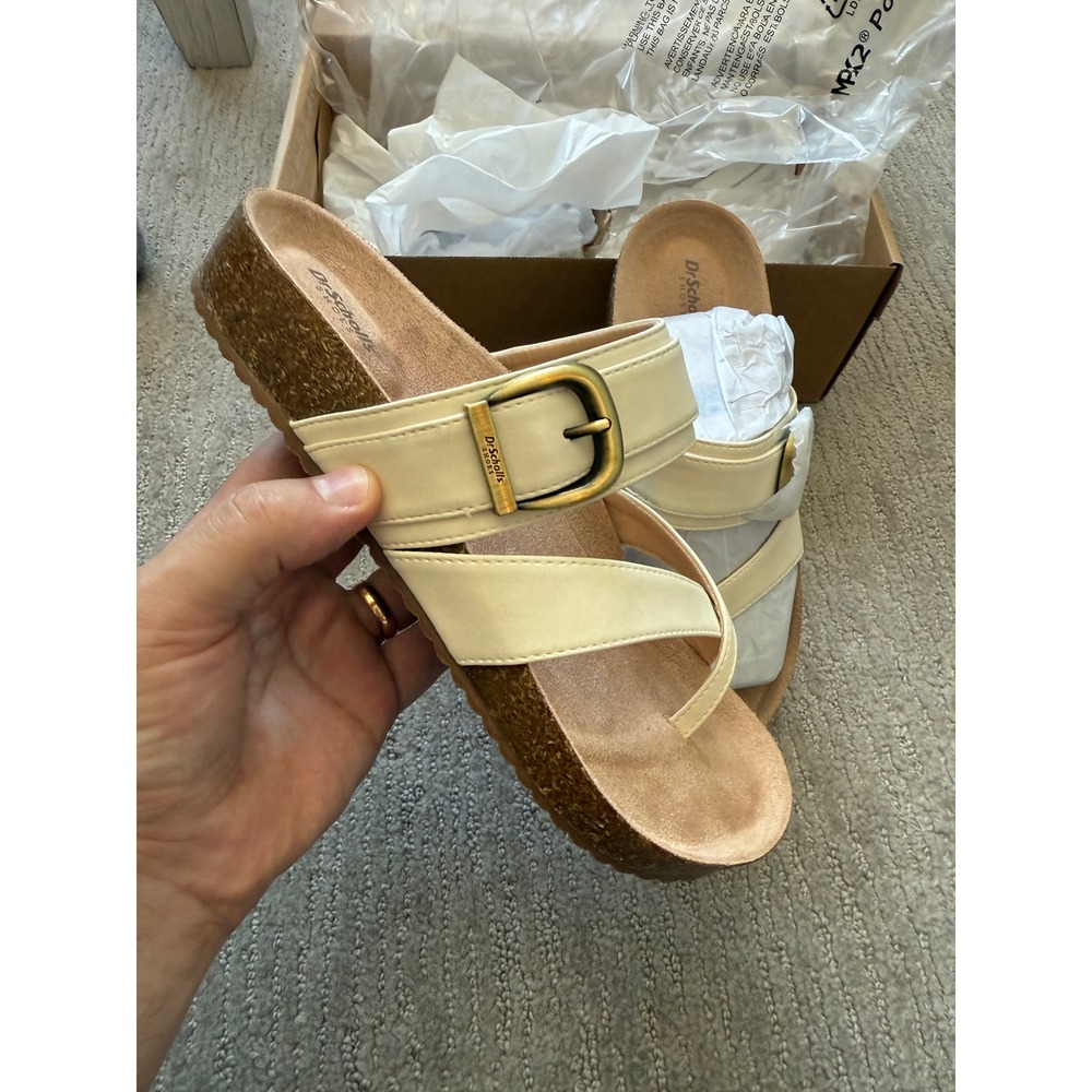 Dr Scholls Livia Thong Sandal Cream Ivory Buckle‎ Slide Cork Footbed Womens 8